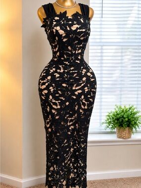 SHEIN Black Floral Lace Midi Dress with Nude Underlay